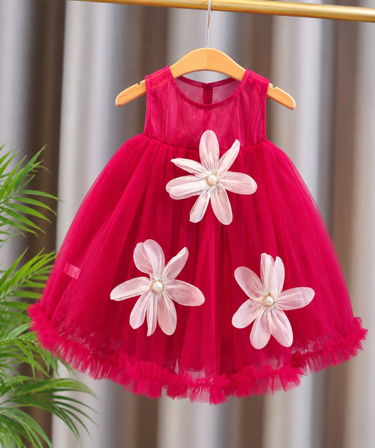 Baby Girl Floral Tulle Party Dress Maroon Color