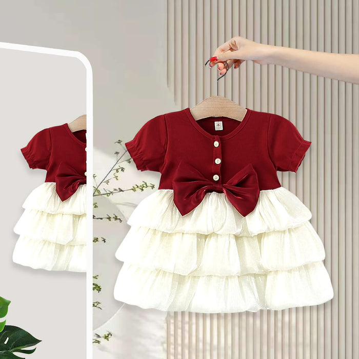 Baby Girls Bow Layered Frock Red & White Color