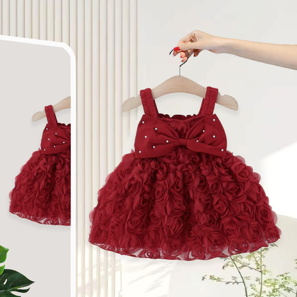 Baby Rose Flower Party Dress Wine Red Color